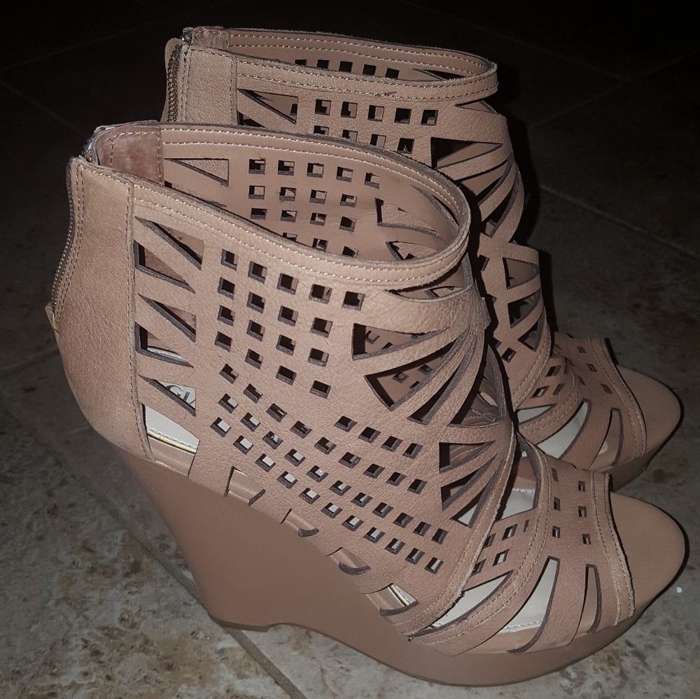 Laser-Cut Peep-Toe Wedged Booties